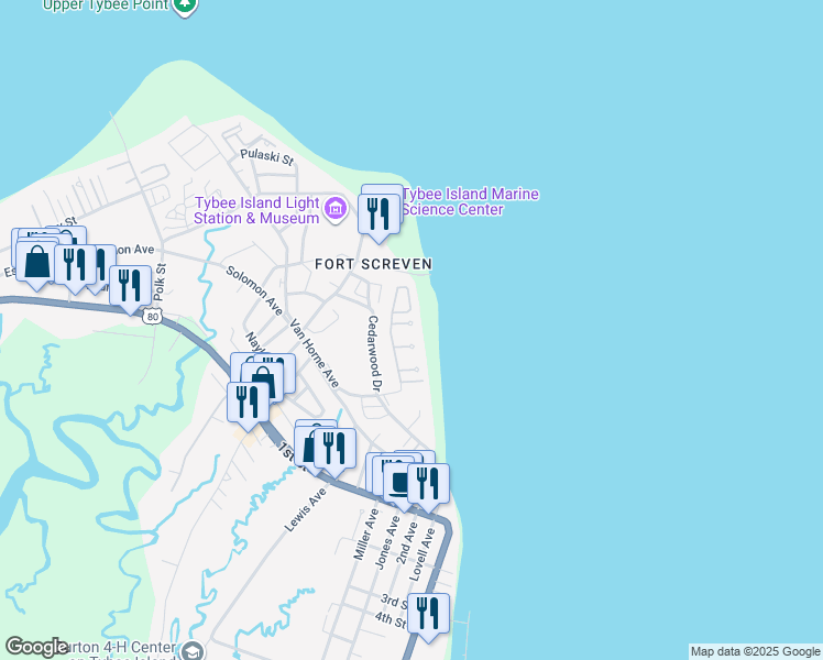 map of restaurants, bars, coffee shops, grocery stores, and more near 5 Palmwood Court in Tybee Island