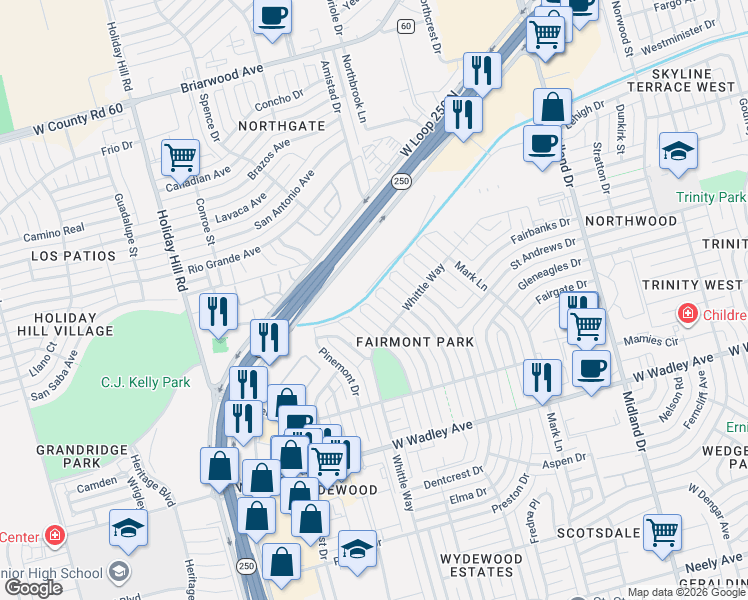 map of restaurants, bars, coffee shops, grocery stores, and more near 3705-3707 Crestmont Drive in Midland