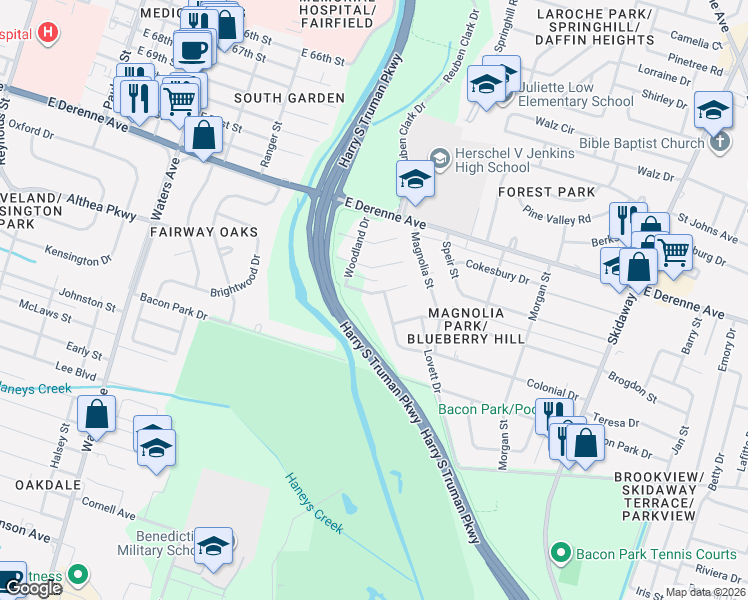 map of restaurants, bars, coffee shops, grocery stores, and more near 1513 Forsyth Road in Savannah