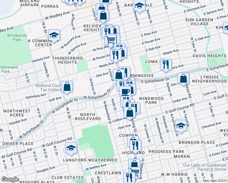 map of restaurants, bars, coffee shops, grocery stores, and more near 2201 North Big Spring Street in Midland