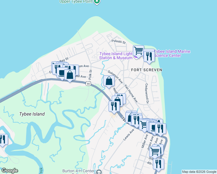 map of restaurants, bars, coffee shops, grocery stores, and more near 13 Lighthouse Lane in Tybee Island
