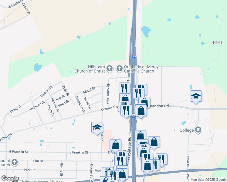 map of restaurants, bars, coffee shops, grocery stores, and more near 307 North Interstate 35 Frontage Road in Hillsboro
