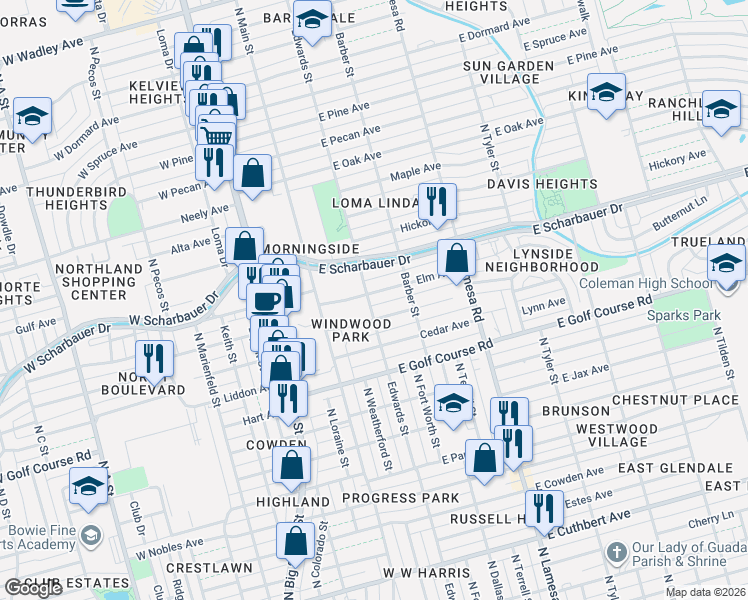 map of restaurants, bars, coffee shops, grocery stores, and more near 304 Elm Avenue in Midland