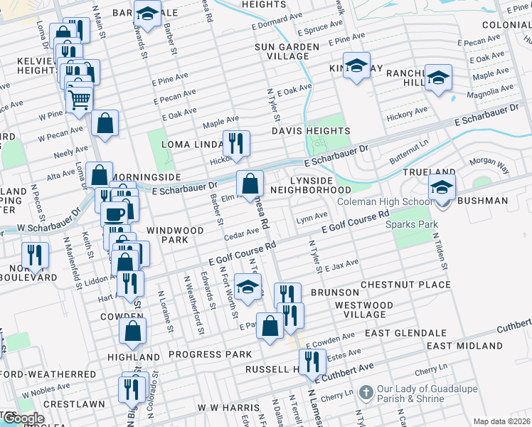 map of restaurants, bars, coffee shops, grocery stores, and more near 2006 North Lamesa Road in Midland