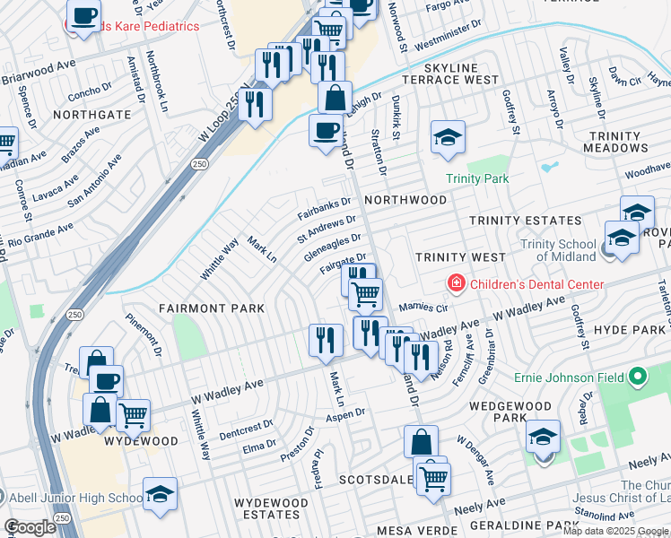 map of restaurants, bars, coffee shops, grocery stores, and more near 4503 Fairgate Drive in Midland