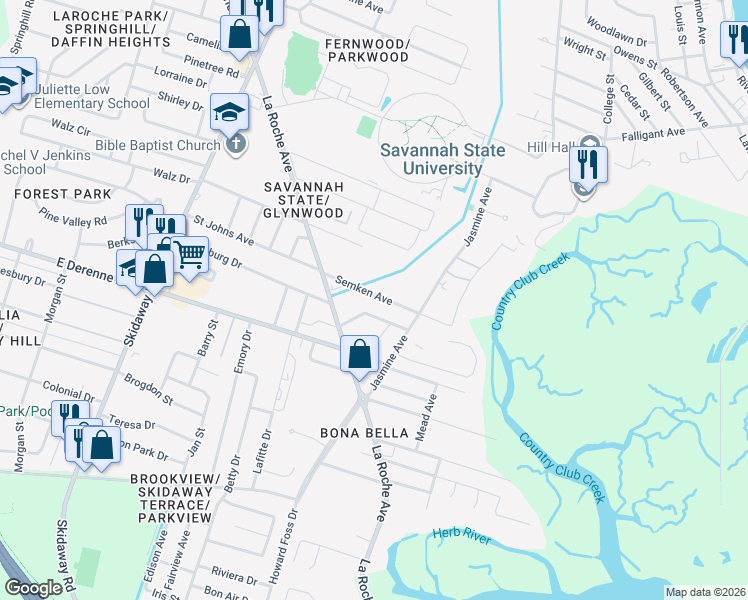 map of restaurants, bars, coffee shops, grocery stores, and more near 2520 Semken Avenue in Savannah