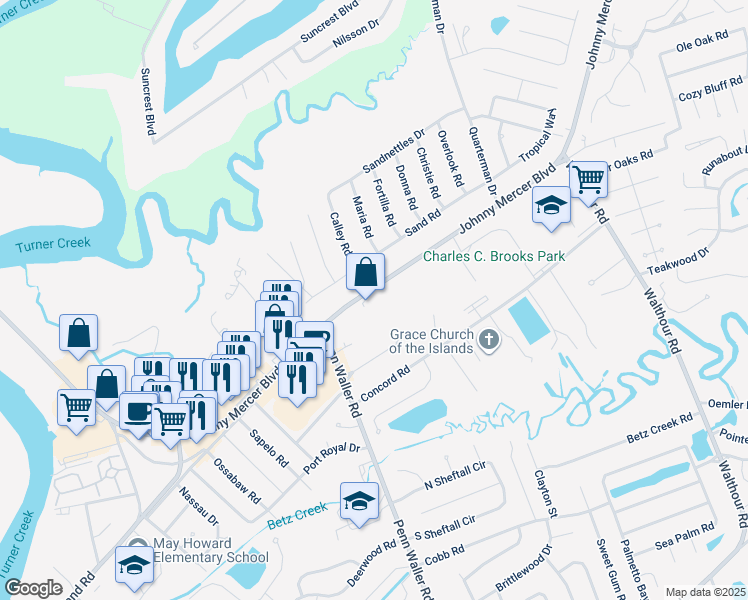 map of restaurants, bars, coffee shops, grocery stores, and more near 6713 Johnny Mercer Boulevard in Savannah
