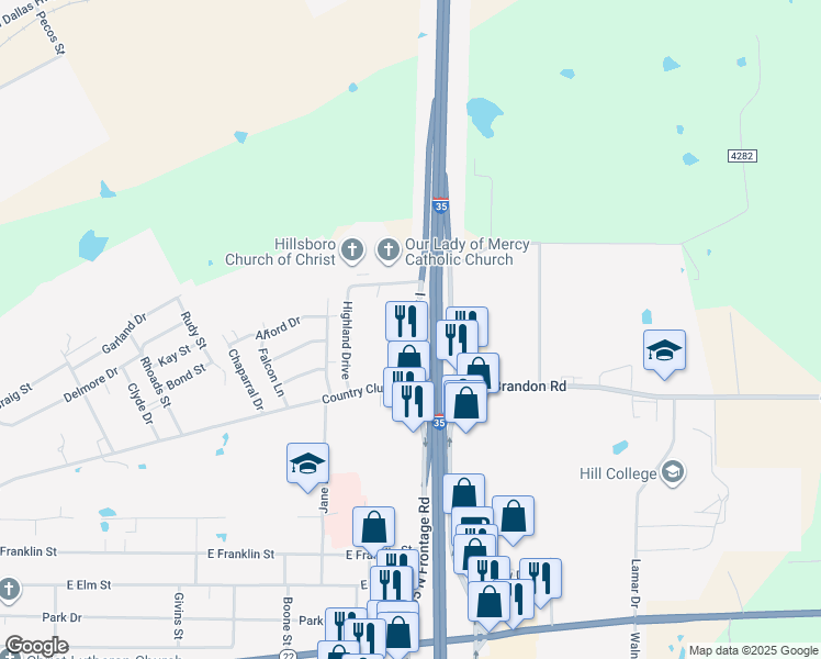 map of restaurants, bars, coffee shops, grocery stores, and more near 307 North Interstate 35 Frontage Road in Hillsboro