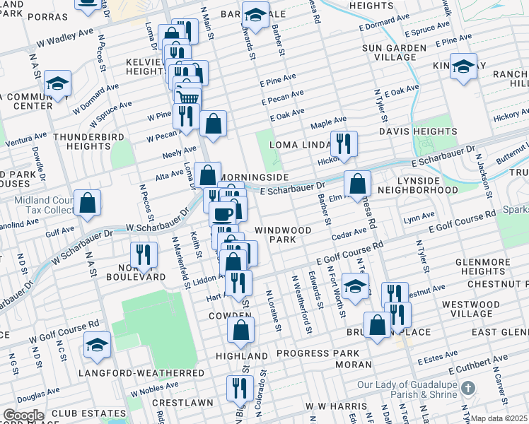 map of restaurants, bars, coffee shops, grocery stores, and more near 1917 N Main St in Midland
