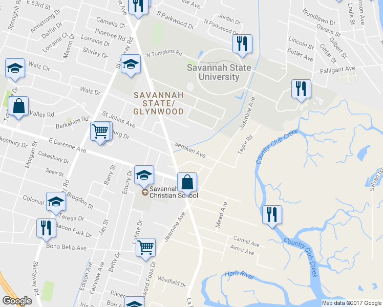 map of restaurants, bars, coffee shops, grocery stores, and more near 2520 Semken Avenue in Savannah