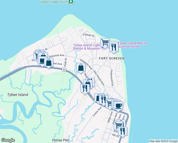 map of restaurants, bars, coffee shops, grocery stores, and more near 6 Moore Ave in Tybee Island