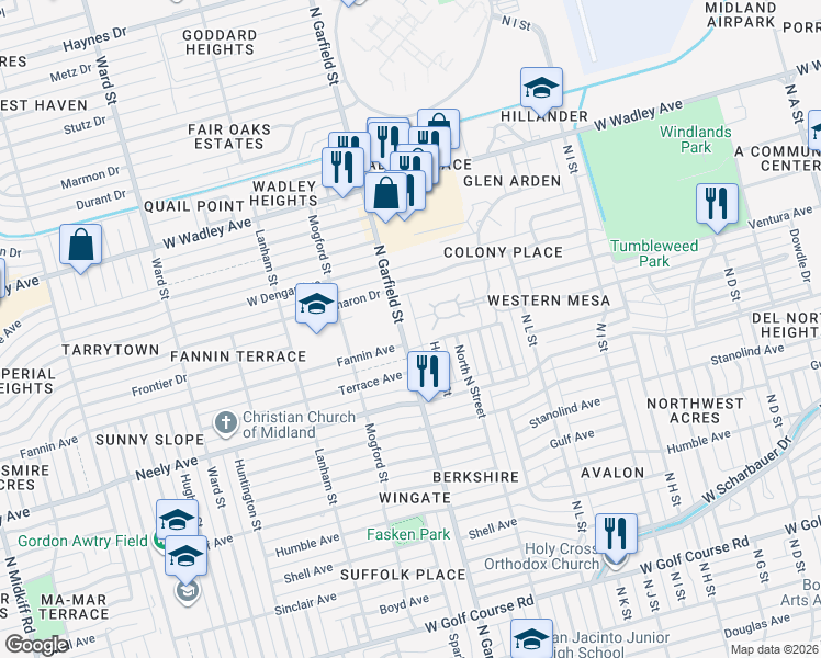 map of restaurants, bars, coffee shops, grocery stores, and more near 2706 North Garfield Street in Midland