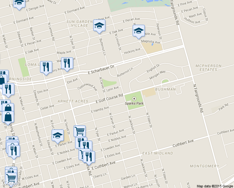 map of restaurants, bars, coffee shops, grocery stores, and more near 1405 E Golf Course Rd in Midland