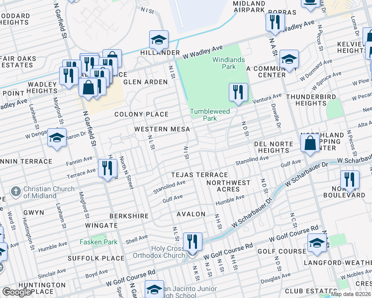 map of restaurants, bars, coffee shops, grocery stores, and more near 2602 N I St in Midland
