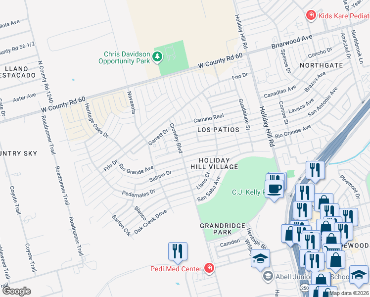 map of restaurants, bars, coffee shops, grocery stores, and more near 5711 Carmel Court in Midland