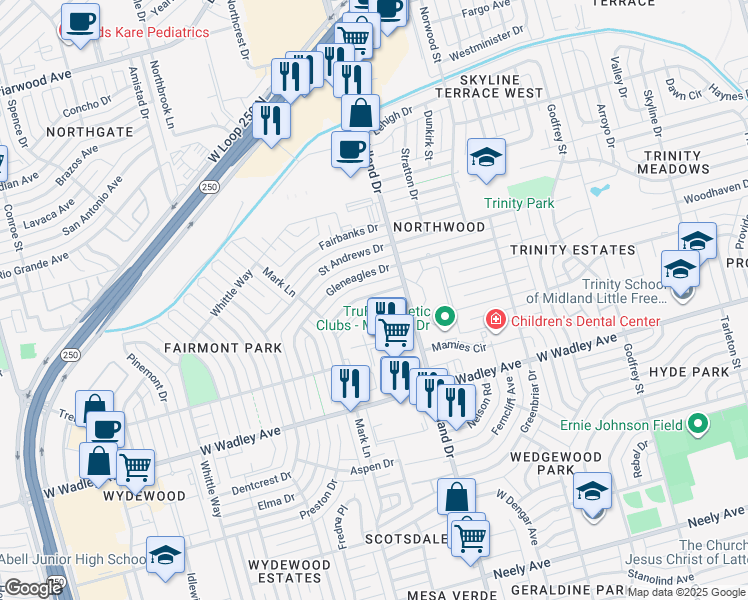 map of restaurants, bars, coffee shops, grocery stores, and more near 4421 Fairgate Drive in Midland