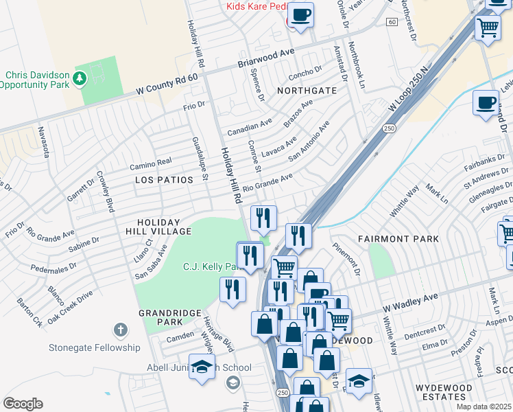 map of restaurants, bars, coffee shops, grocery stores, and more near 16 Conroe Court in Midland