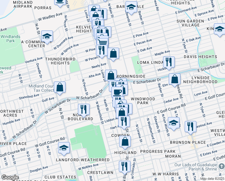 map of restaurants, bars, coffee shops, grocery stores, and more near 2201 North Big Spring Street in Midland
