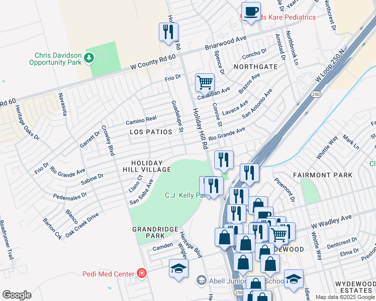 map of restaurants, bars, coffee shops, grocery stores, and more near 5414 San Saba Court in Midland