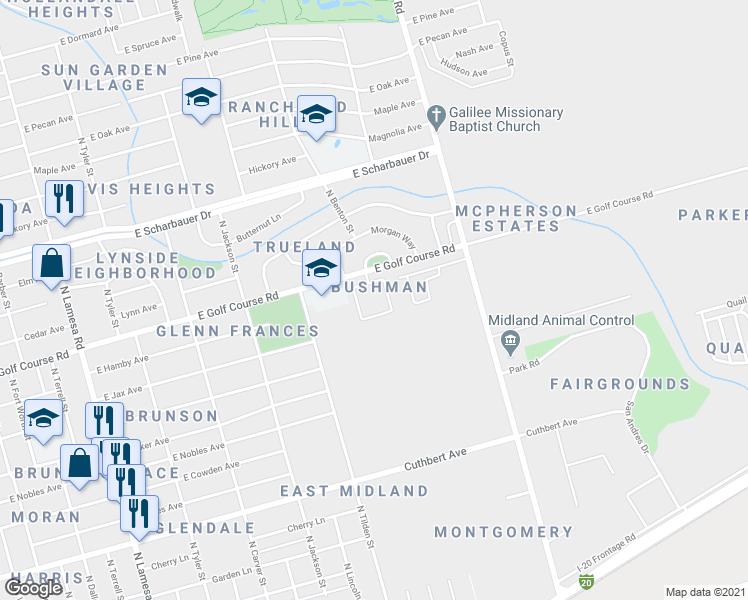 map of restaurants, bars, coffee shops, grocery stores, and more near 1900 East Golf Course Road in Midland