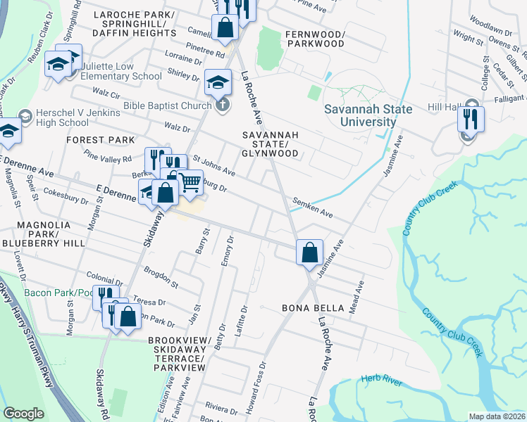 map of restaurants, bars, coffee shops, grocery stores, and more near 2307 Vicksburg Drive in Savannah