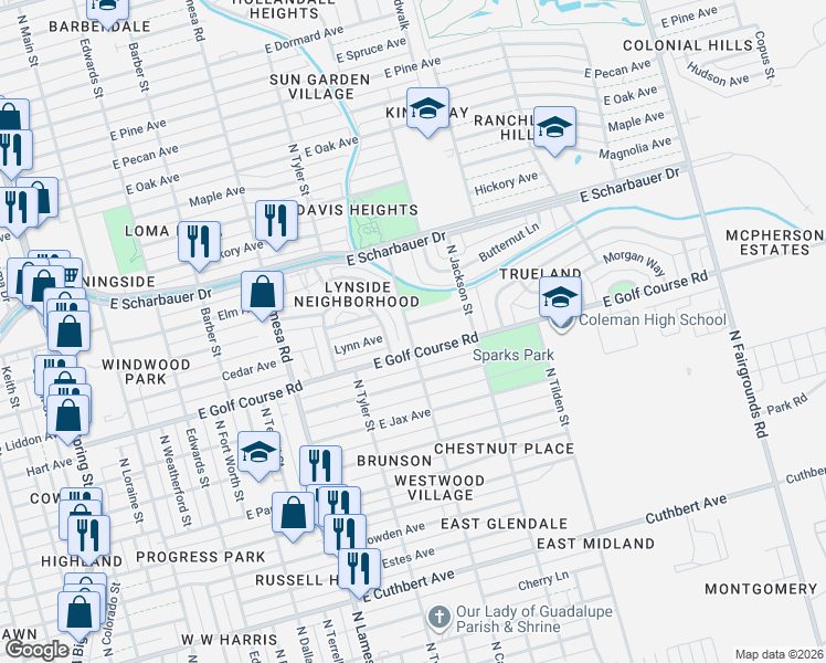 map of restaurants, bars, coffee shops, grocery stores, and more near 1300 Lynn Avenue in Midland