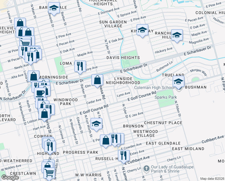 map of restaurants, bars, coffee shops, grocery stores, and more near 2006 North Lamesa Road in Midland