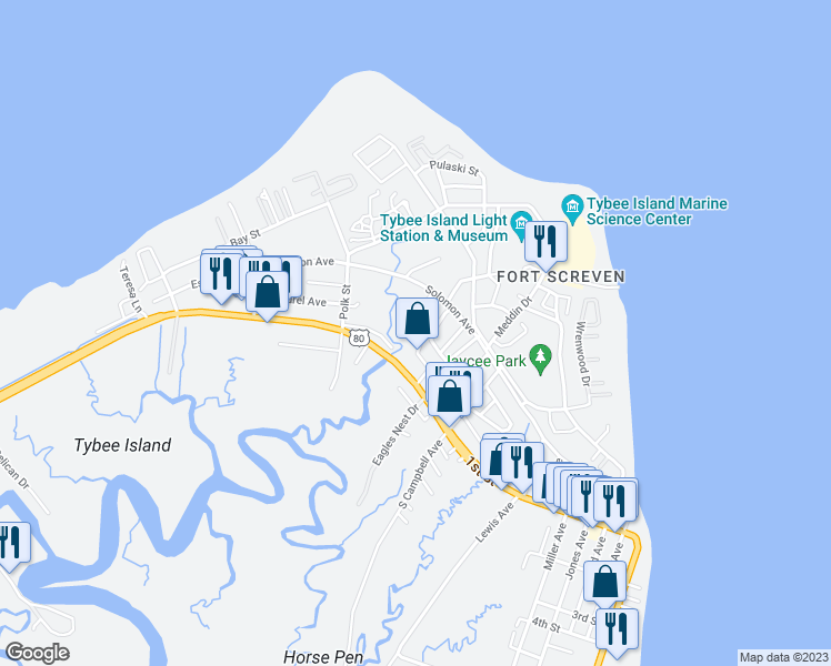 map of restaurants, bars, coffee shops, grocery stores, and more near 13 Lighthouse Lane in Tybee Island