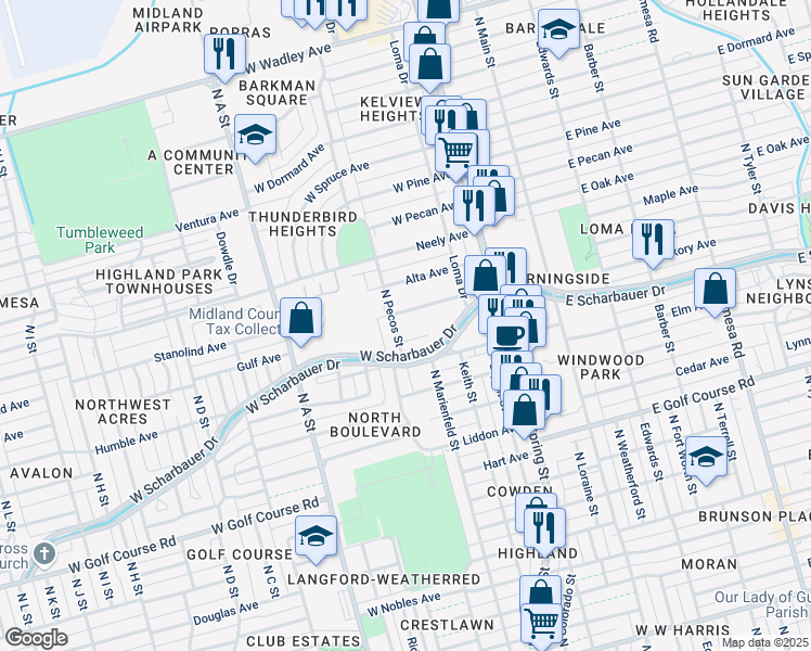 map of restaurants, bars, coffee shops, grocery stores, and more near 2200 North Pecos Street in Midland