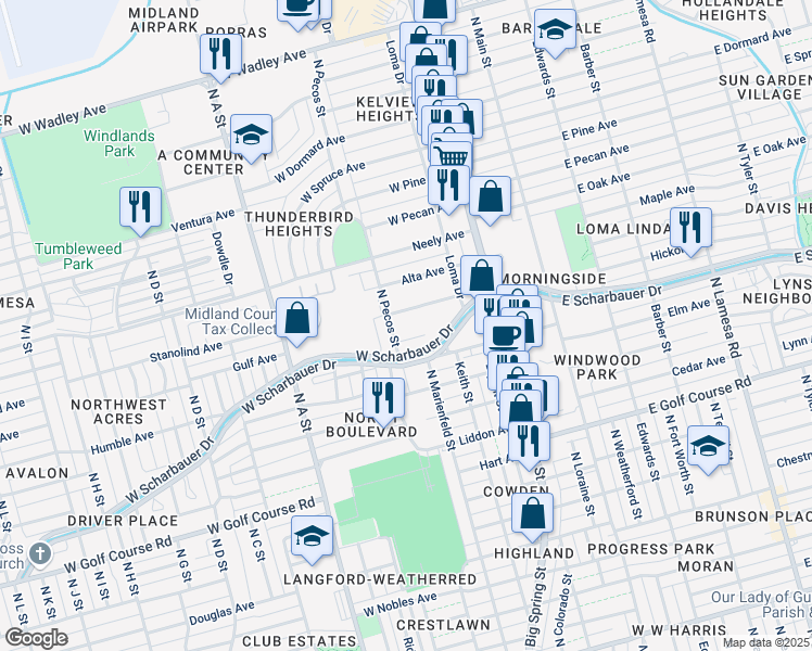 map of restaurants, bars, coffee shops, grocery stores, and more near 2200 North Pecos Street in Midland