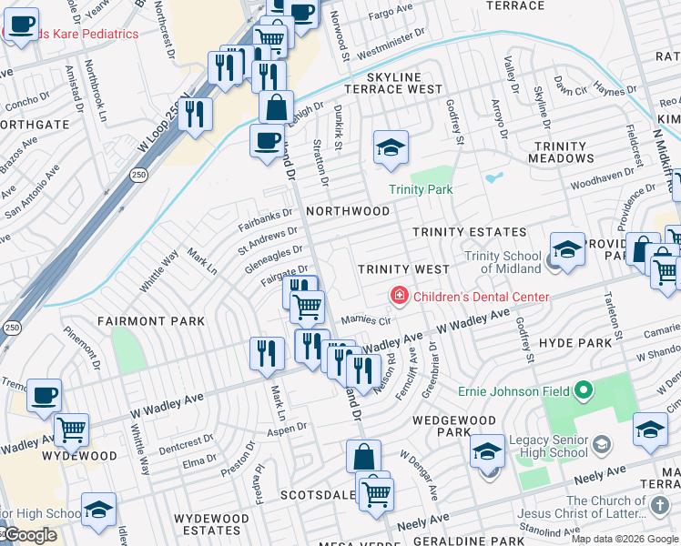 map of restaurants, bars, coffee shops, grocery stores, and more near 3600 Midland Drive in Midland