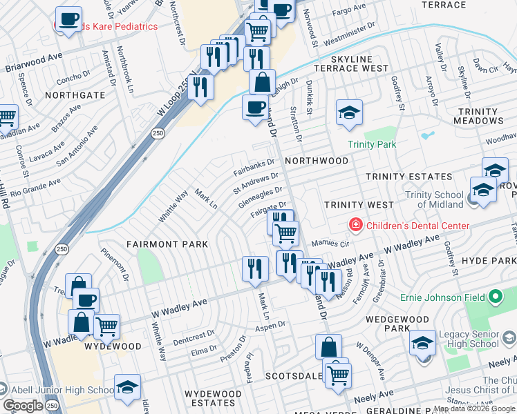 map of restaurants, bars, coffee shops, grocery stores, and more near 4421 Fairgate Drive in Midland