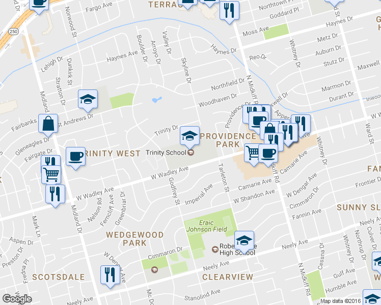 map of restaurants, bars, coffee shops, grocery stores, and more near 3500 West Wadley Avenue in Midland