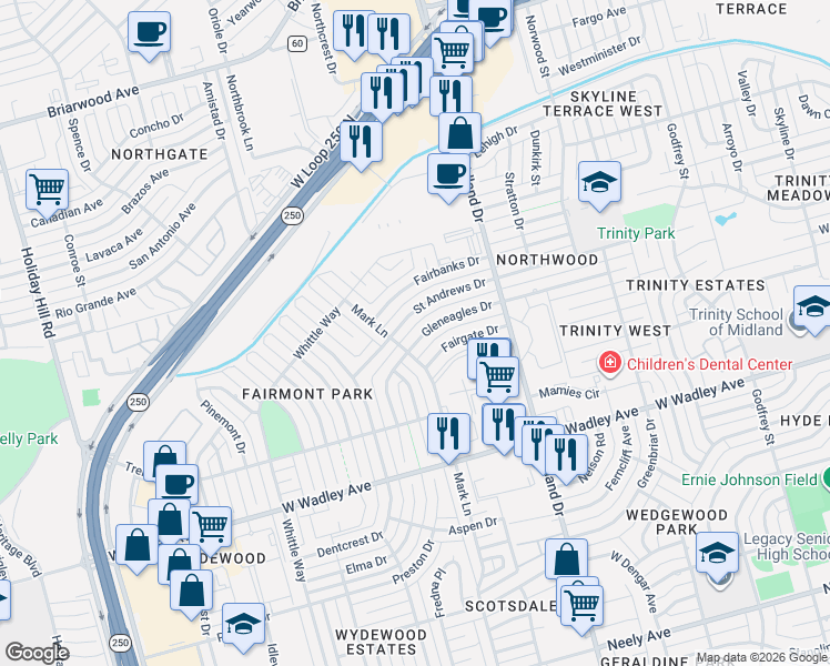 map of restaurants, bars, coffee shops, grocery stores, and more near 4516 Fairgate Drive in Midland