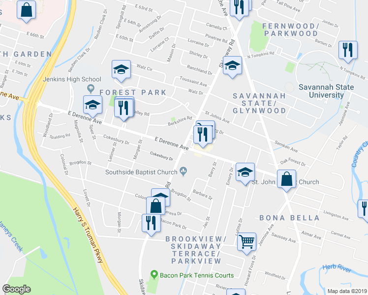 map of restaurants, bars, coffee shops, grocery stores, and more near Skidaway Rd & E DeRenne Ave in Savannah