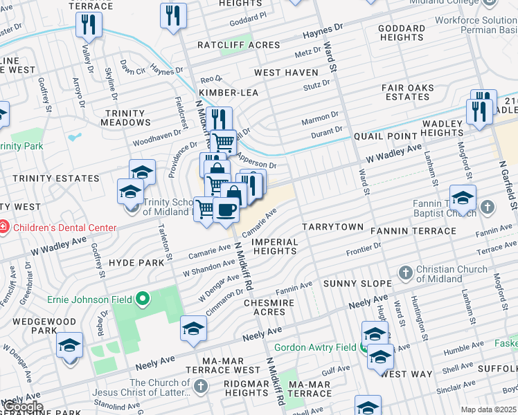 map of restaurants, bars, coffee shops, grocery stores, and more near 3220 Camarie Avenue in Midland
