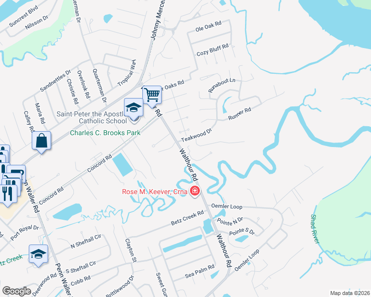 map of restaurants, bars, coffee shops, grocery stores, and more near 1 Rivermist Lane in Savannah