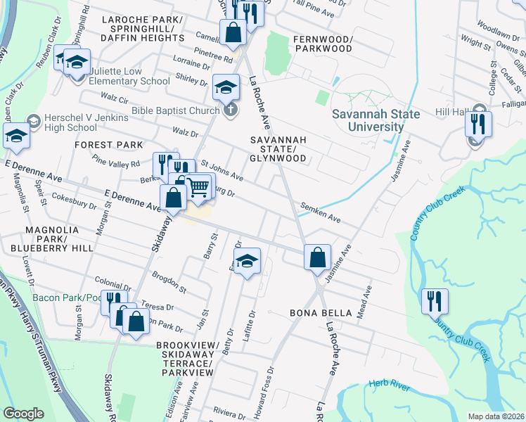 map of restaurants, bars, coffee shops, grocery stores, and more near 2307 Vicksburg Drive in Savannah