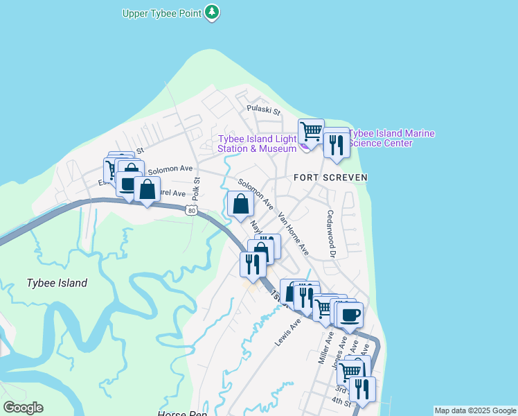 map of restaurants, bars, coffee shops, grocery stores, and more near 6 Moore Avenue in Tybee Island