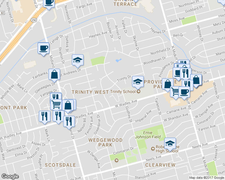 map of restaurants, bars, coffee shops, grocery stores, and more near 3405 Godfrey Street in Midland