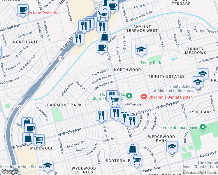 map of restaurants, bars, coffee shops, grocery stores, and more near 4416 Fairgate Drive in Midland