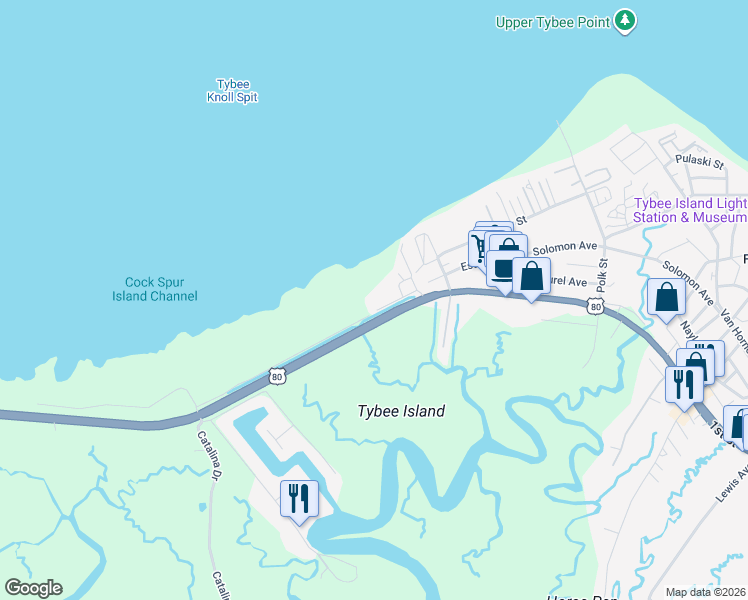 map of restaurants, bars, coffee shops, grocery stores, and more near 1429 Estill Avenue in Tybee Island