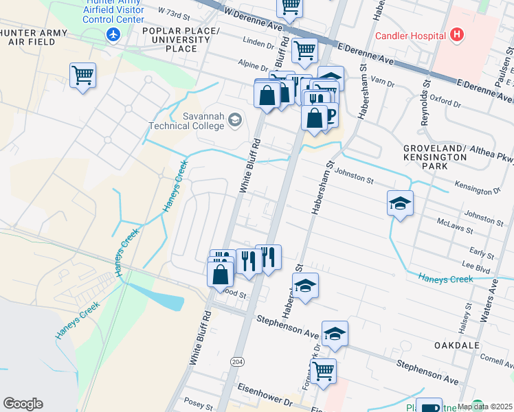 map of restaurants, bars, coffee shops, grocery stores, and more near 9 Lee Boulevard in Savannah