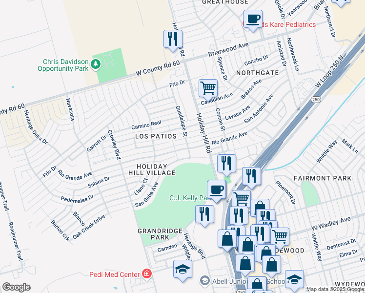 map of restaurants, bars, coffee shops, grocery stores, and more near 5414 San Saba Court in Midland