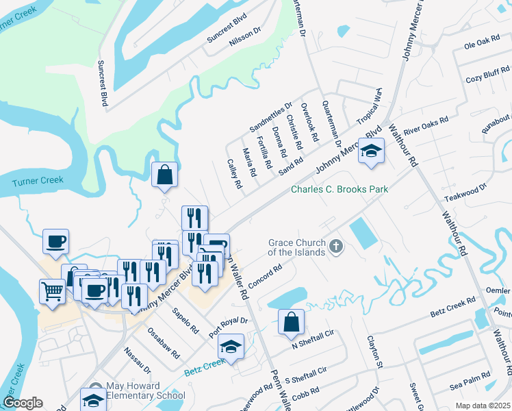 map of restaurants, bars, coffee shops, grocery stores, and more near 6713 Johnny Mercer Boulevard in Savannah