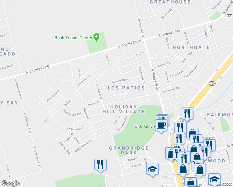 map of restaurants, bars, coffee shops, grocery stores, and more near 5608 Carmel Court in Midland