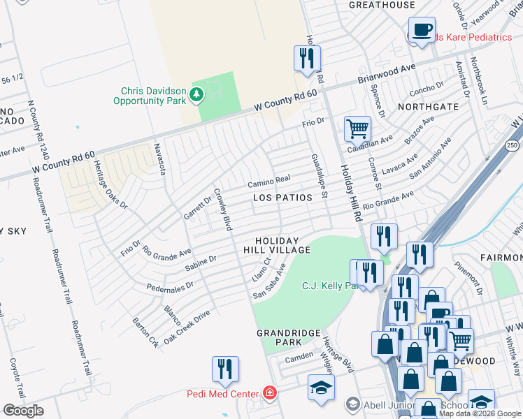 map of restaurants, bars, coffee shops, grocery stores, and more near 5608 Los Patios Drive in Midland