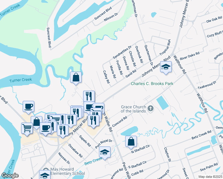 map of restaurants, bars, coffee shops, grocery stores, and more near 203 Calley Road in Savannah