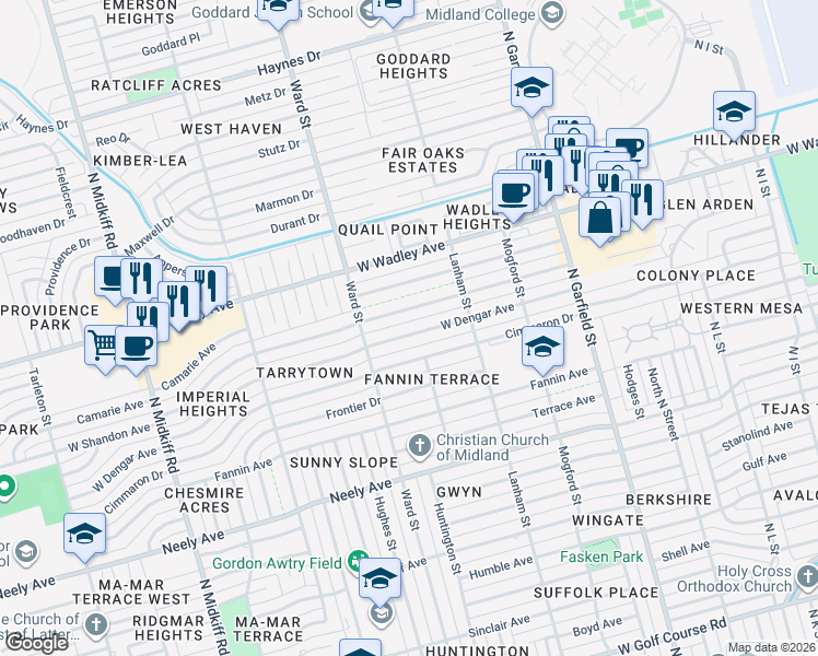map of restaurants, bars, coffee shops, grocery stores, and more near 2513 W Shandon Ave in Midland