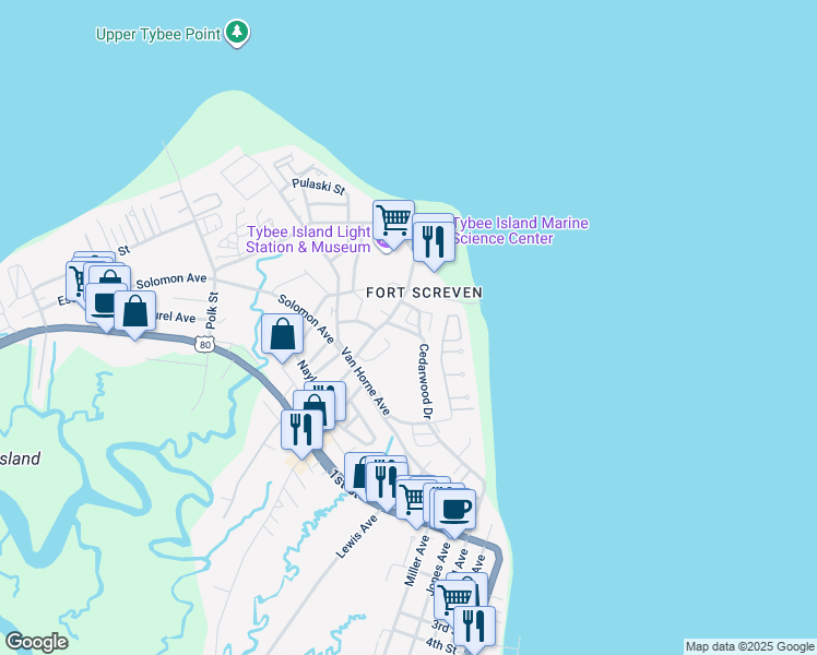 map of restaurants, bars, coffee shops, grocery stores, and more near 18 Meddin Drive in Tybee Island